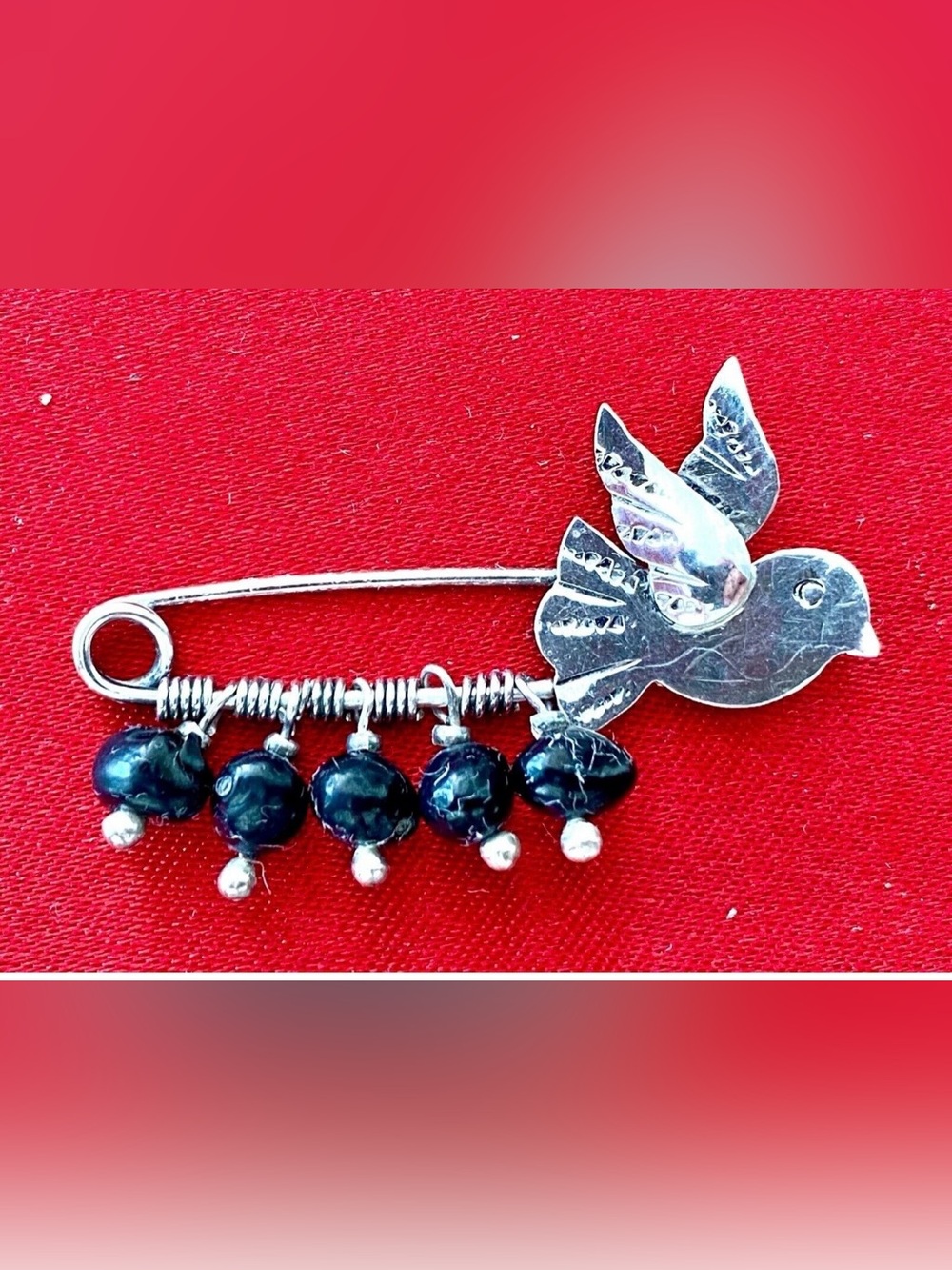 Silver 925 Bird Safety Pin Brooch with Black Bead Dangles